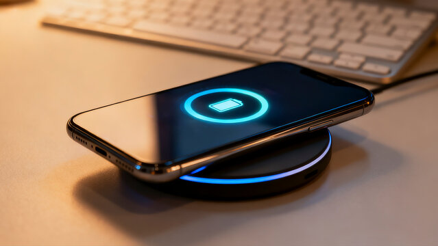 Smartphone charging on wireless pad with notification light.