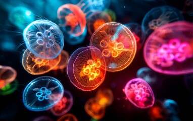 Obraz premium Vibrant Abstract Glowing Jellyfish Pulsing in Deep Sea Environment