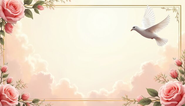 Elegant background for funeral notices. Pink roses and white dove fly in pastel sky with clouds. Empty space for text invites heartfelt messages. Peaceful design for remembrance and tribute.