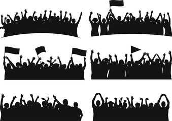 Large Set of Silhouette Crowds of People Cheering with Raised Hands and Flags for Sports Events Music Concerts or Public Festivals Isolated on White Background