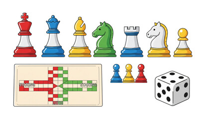 A colorful vector illustration of chess pieces and a game board with a dice © MdLiton