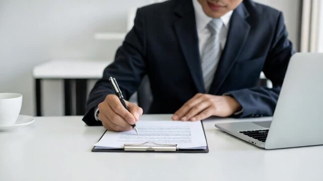 Businessman signing important contract document at office desk