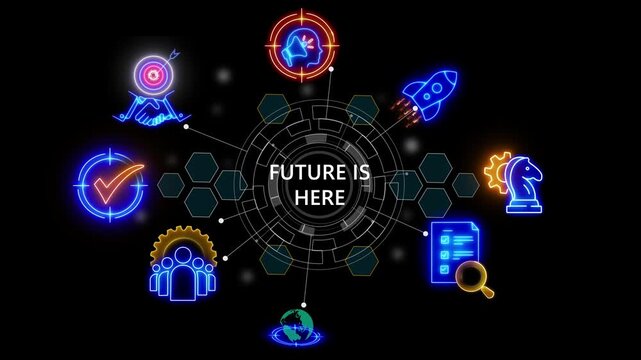 future is here text .internet and networking concept, cube glow with matrix global security with digital spot light and stretch background 4k video animation