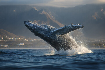 Naklejka premium Humpback whale breaching ocean water near coastal mountains with splashing waves and misty atmosphere during daylight