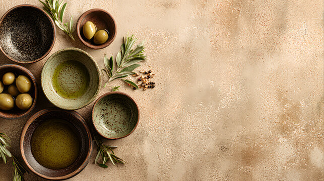 Variety of rustic ceramic bowls containing premium olive oil with fresh ingredients on beige kitchen background