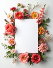 Obraz premium Top view of white paper card surrounded by colorful spring flowers and green leaves. Blank space for text, greeting, invitation or celebration message.