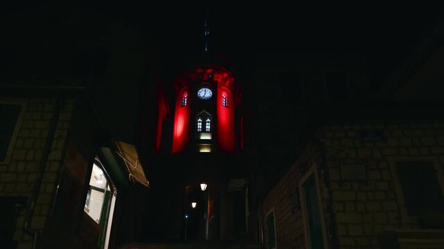 Sahat Kula clock tower in Herceg Novi old town in Montenegro at night