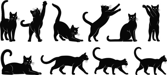 Set of black cat silhouettes featuring diverse feline poses including stretching, jumping, walking, and sitting for pet animal logo and halloween graphic design. © MSTMUNMUN