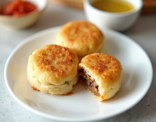 Three mini martabak telor sit on white plate. Savory stuffed pastry fried golden brown. One pastry shows minced meat and vegetable filling. Food served with chili sauce and oil.