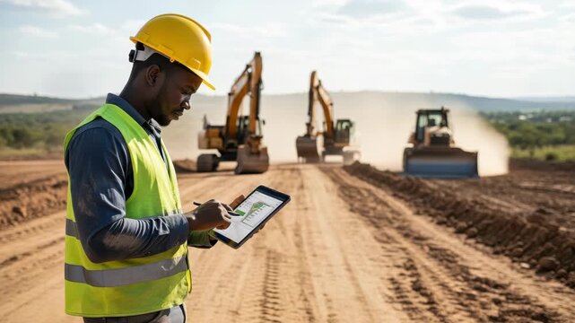 African-american Engineer On Construction Site Reviewing Plans On Tablet With Heavy Machinery In Operation In The Background For Project Management Engineering Concepts