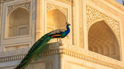 Mughal temple arch floral plants palm trees and peacock seamless garden pattern illustration