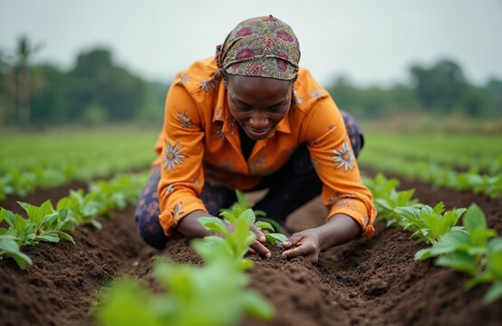 African woman farmer plants new green crops in fertile soil. Rural worker cares for small plants in a field. Female agricultural worker cultivates healthy food outdoors.