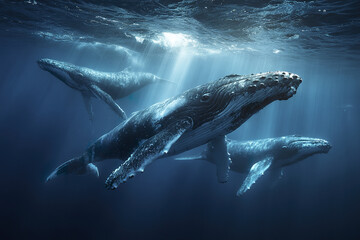 Fototapeta premium Group of humpback whale underwater swimming together in deep blue ocean with sunlight rays creating peaceful and majestic marine scene