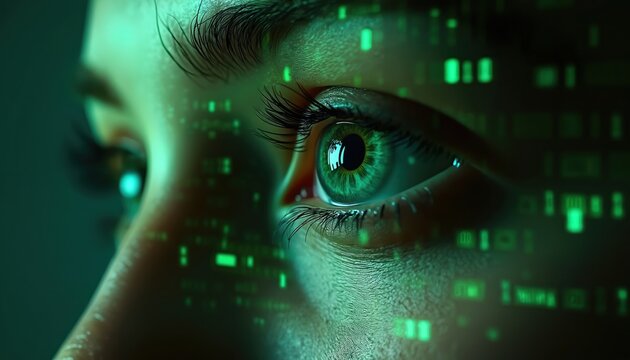 Close up of woman eye with green digital matrix overlay. She looks at screen with data. Futuristic vision, cyber security concept. Future tech.