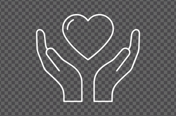 Obraz premium Hand holding heart symbol on a black background. A minimalist line art icon of hands gently holding a heart.