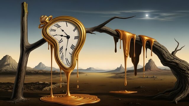 Surreal artwork featuring a melting gold pocket watch draped over a dead tree branch in a barren desert landscape. A symbolic representation of the fluidity of time and persistence of memory.
