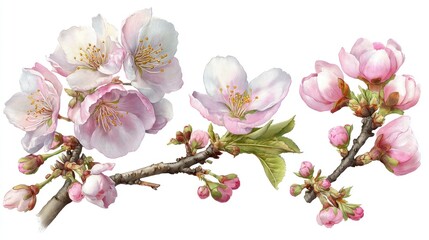 Naklejka premium Watercolor illustration of delicate pink cherry blossoms in various stages of bloom on branches