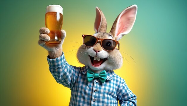 Festive bunny character wearing sunglasses and blue checkered shirt with bow tie. Rabbit holds up beer glass, celebrating spring holiday with joy and fun. Cheerful rabbit raises frothy beverage.