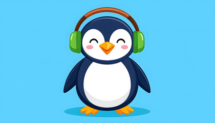 Obraz premium The penguin is listening to music using green headphones