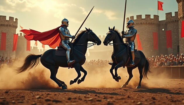 Two knights in full armor on horseback charge with lances toward each other in dusty arena. Spectators watch medieval joust tournament against castle backdrop. Action is intense during competition.