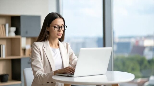 Focused businesswoman working on laptop in modern office with city view
