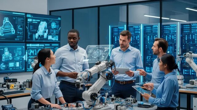 Diverse Team Of Engineers Collaborates In High-tech Lab Examining Robotic Arm With Schematics Displayed On Screens In The Background Illustrative For Technology Innovation
