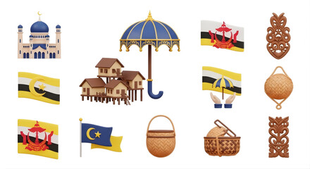 Naklejka premium Collection of Brunei cultural symbols and landmarks, including traditional houses, mosques, and national flags, showcasing national heritage