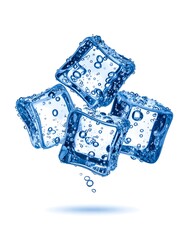 Four transparent ice cubes with bubbles suspended in mid-air against a plain white background