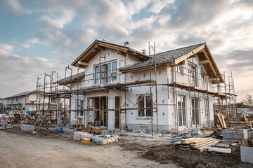 House under construction with scaffolding around exterior, building materials scattered on ground, and cloudy sky overhead creating calm atmosphere