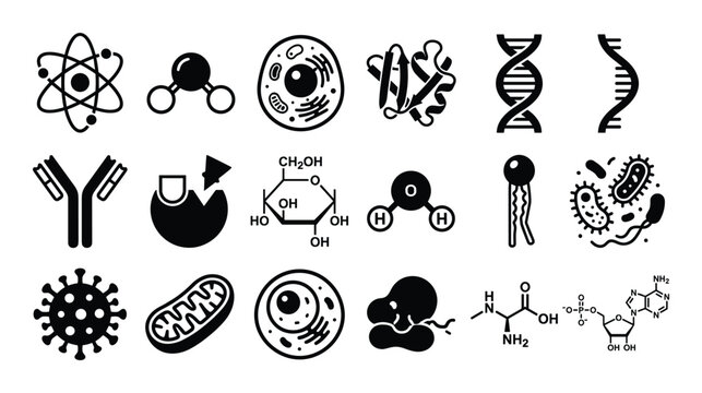 Cellular Structures and Biological Molecules: Vector Icons Set Depicting Atoms, Molecules, Cells, DNA, and Viruses