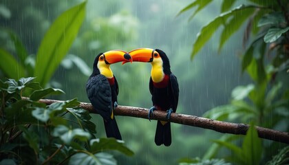 Naklejka premium Two colorful toucan birds sit on tree branch in tropical rainforest during rainfall. Lush green jungle leaves and humid atmosphere create moody natural background with copy space.