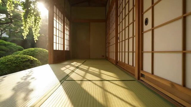 A tranquil interior of a traditional room with tatami mats and sliding doors, revealing a lush garden beyond, illuminated by soft sunlight filtering through the open space