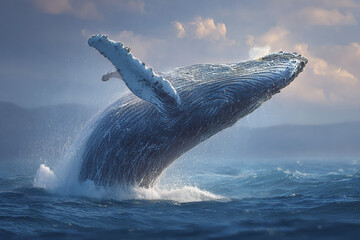 Fototapeta premium Humpback whale breaching ocean water with fin raised and detailed whale texture under cloudy sky during sunset, showing powerful marine mammal in natural habitat