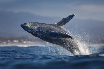Naklejka premium Humpback whale breaching ocean water splash marine mammal wildlife nature powerful jump majestic animal