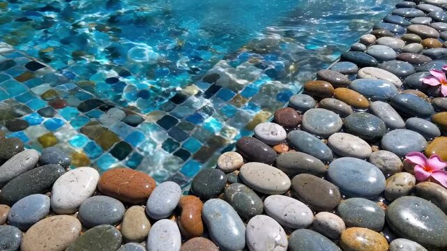 A serene swimming pool edge adorned with smooth pebbles in various colors, complemented by vibrant pink petals floating on the water's surface, capturing a moment of tranquility