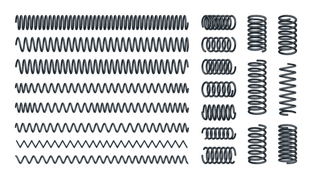 Collection of spring vectors in different styles and shapes. Coil springs, flat springs, zig zag springs design elements.