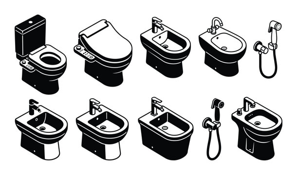 Collection of toilet and bidet fixtures in isometric view, restroom bathroom hygiene equipment vector design