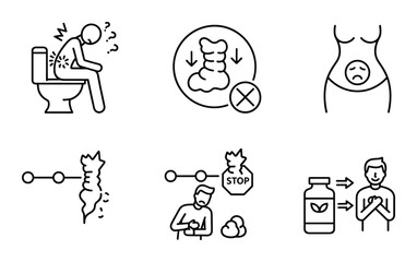 Fototapeta premium Constipation problem and causes symptoms, stomach problems and herbal medicine solution concept line art illustration