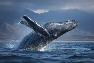 Naklejka premium Humpback whale breaching in ocean with water splashing and mountains in background under cloudy sky, showing powerful marine life in natural habitat