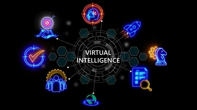 virtual intelligence text .internet and networking concept, cube glow with and holographic futuristic technology light and stretch background glowing 4k video animation