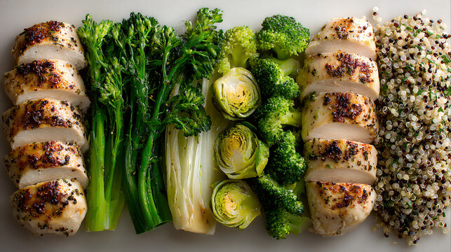 overhead view grilled chicken breast slices broccoli broccolini brussels sprouts quinoa