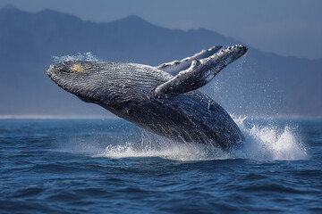 Fototapeta premium Humpback whale breaching out of ocean with water splashing around and mountains in background under clear sky during daylight