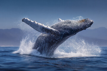Naklejka premium Humpback whale breaching vertically out of ocean with water splashing around, set against clear blue sky and distant mountains, showcasing marine wildlife in action