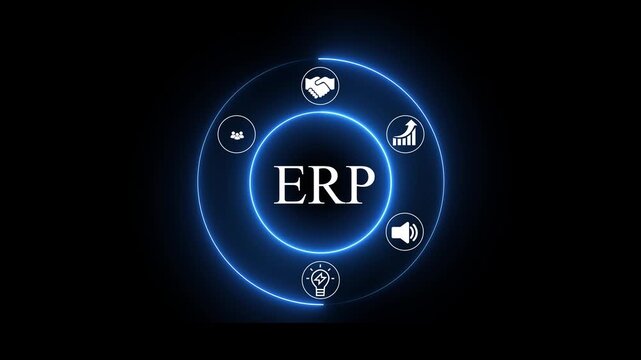 ERP concept with Digital Icons Illustrating Modern Technology Applications in Business and Industry. Business, Technology, Internet and network concept. 4k animation