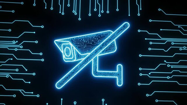 Glowing Digital Security Camera With No-entry Symbol Emphasizing Privacy Illuminated In Blue Circuit Board Background For Cyber Security Data Protection Concepts