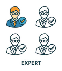 Expert icon design with outline style. Man in suit with glasses and checkmark icon. Professional business concept
