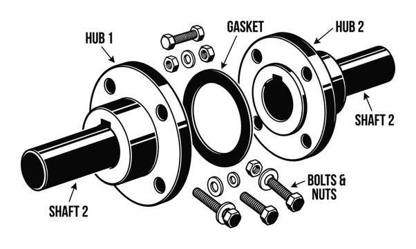 Exploded view of coupling hub, shaft, bolts, nuts, and gasket engineering drawing style