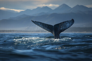 Fototapeta premium Humpback whale tail fin lifted high above ocean water with mountain range in background during misty weather, showing natural wildlife and marine environment beauty