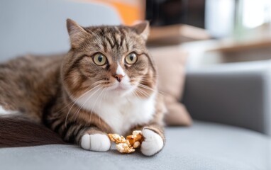 Cat Enjoying Cozy Time with Snacks While Watching Television at Home