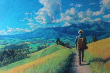 Obraz premium Solo travel. A man with a backpack hikes along mountain paths in picturesque places. Hiking. Active recreation. Extreme.